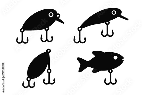 Fishing lure vector icon set. Collection of black silhouette fishing bait symbols. Crankbait, wobbler, spoon and fish shape lures with treble hooks for angling sport.