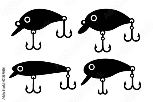 Fishing bait icon set. Wobbler lure silhouette collection. Vector cartoon illustration. Fish tackle for angling. Fisherman equipment with treble hooks. Crankbait symbol.