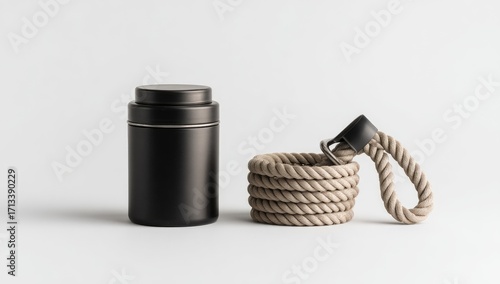 A sleek, matte black cylindrical container stands beside a coiled beige rope with a leather loop.  Minimalist aesthetic, clean white background
