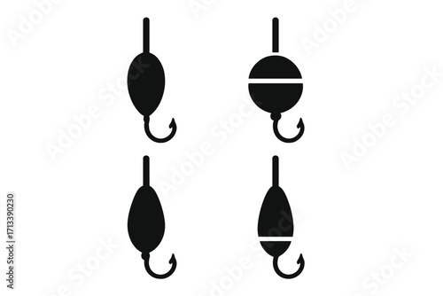 Fishing float and hook icon set. Collection of bobber silhouettes. Angling equipment and tackle symbols. Vector illustration of fish bait and lures for sport or hobby.