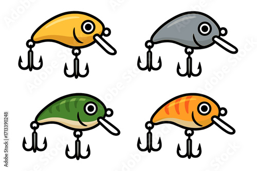 Set of colorful fishing lures. Cartoon crankbait bait with treble hooks collection. Vector illustration for sport fishing tackle or equipment icon. Angling gear design isolated.