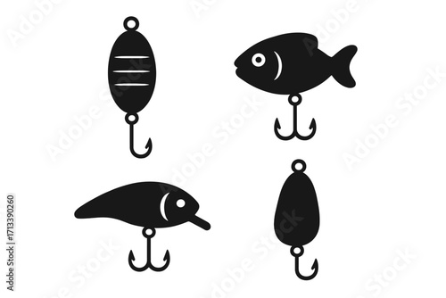 Collection of fishing lure icons. Vector graphic set of various baits and wobblers. Black silhouette of fish-shaped crankbait and spoon. Angling sport tackle and gear.