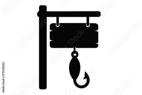 Fishing bait shop sign silhouette. Hanging wooden signboard with fishhook lure icon. Angling tackle store logo concept. Vector for outdoor sport, recreation & hobby business.