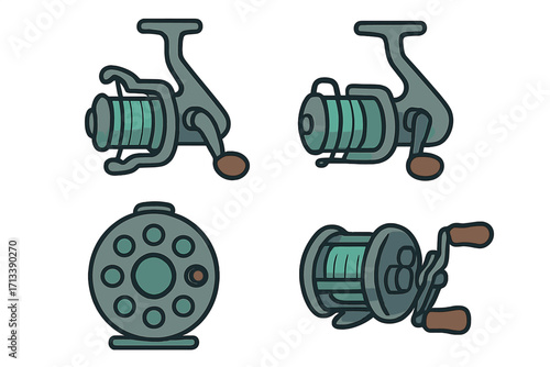 Fishing reel vector icon set. Spinning, fly, and baitcasting reel collection. Angling and sport fishing equipment graphic. Fisherman tackle cartoon illustration for design.
