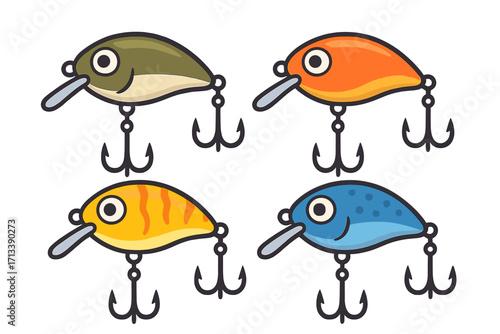 Fishing lures vector icon set. Collection of colorful cartoon crankbait or wobbler baits with treble hooks. Fishing sport gear and equipment illustration for fisherman design.
