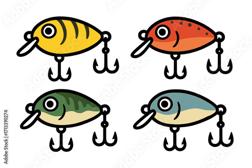 Fishing lure vector icon set. Cartoon illustration of colorful crankbait bait with treble hooks. Angling equipment for sport fishing hobby. Fish tackle graphic symbol.