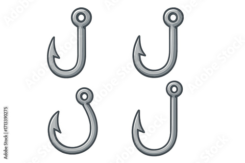 Set of metal fishing hooks. Fishhook vector icons collection. Simple cartoon illustration of fishing equipment and tackle. Sharp barbed lure symbol for angling hobby or sport.