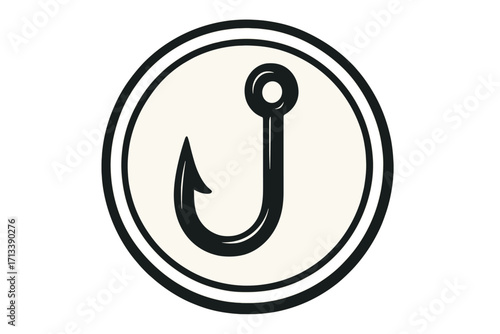 Fishing hook icon, angler sport equipment symbol. Fisherman hobby gear. Vector logo for seafood restaurant or fish market. Flat graphic silhouette of a fishhook sign.