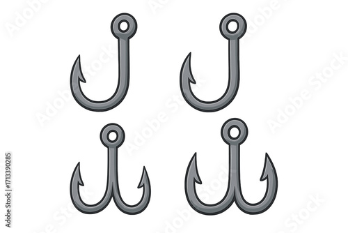 Fishing hook vector icon set. Single and treble hooks for sport fishing. Cartoon illustration of sharp metal fishing equipment, tackle, and lures isolated on white background.