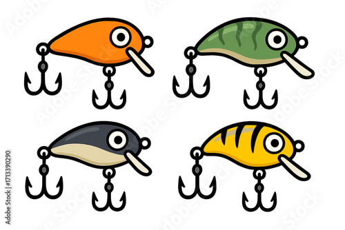 Fishing lure and bait vector icon set. Cartoon graphic of colorful wobblers or crankbaits. Sport fishing equipment and tackle collection for hobby. Angling gear illustration.