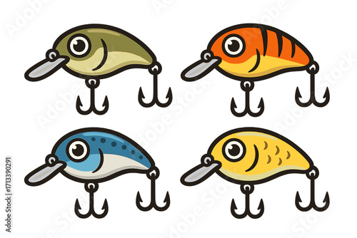 Fishing lures set vector illustration. Colorful cartoon crankbait icon collection for angling. Fish bait wobblers with hooks for sport fishing. Hobby tackle equipment graphic.