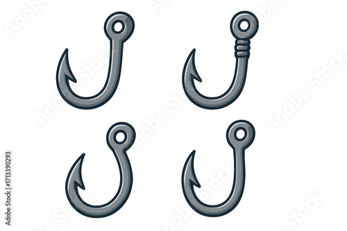 Set of fishing hook symbols. Vector cartoon illustration of fish hooks. Angling equipment for sport fishing and outdoor hobby. Metal tackle for catching fish. Sharp bait lure.