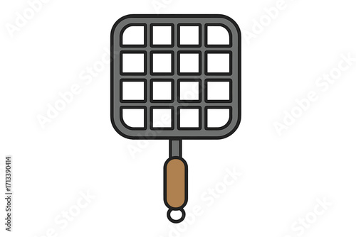 Grill grid basket icon. Barbecue grate for cooking. Summer BBQ tool. Vector illustration for picnic concepts. Flat cartoon design element. Isolated kitchen utensil graphic.