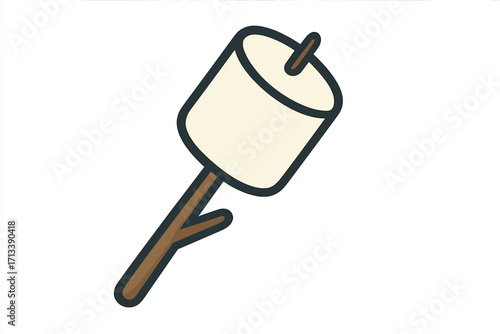 Marshmallow on a stick for roasting over a campfire. Vector cartoon icon. Camping sweet food dessert. Fun outdoor snack concept. Isolated flat design graphic illustration.