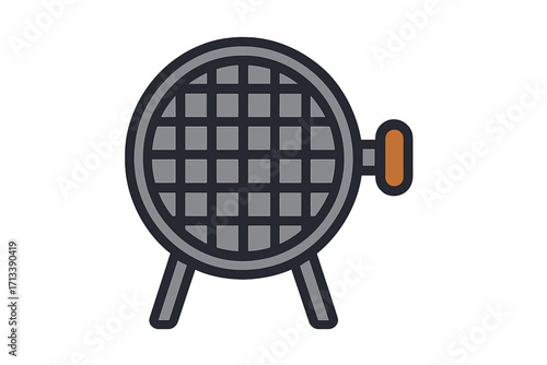 Barbecue grill grid icon for summer cookout party. Flat vector cartoon illustration of a portable BBQ for outdoor picnics. Charcoal cooking equipment symbol. Isolated graphic design.