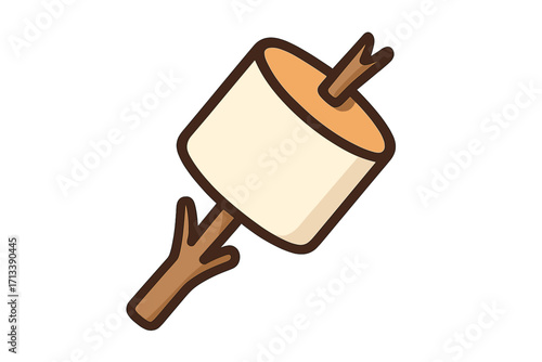 Roasting marshmallow on a wooden stick icon. Sweet candy dessert for campfire, bonfire or bbq. Simple flat cartoon vector graphic illustration. Camping food, snack concept.