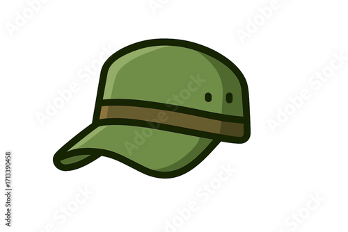 Military cap icon, army hat vector. Soldier headwear graphic. Green patrol cap illustration. Ranger accessory symbol. Cartoon flat design element. Simple isolated object.