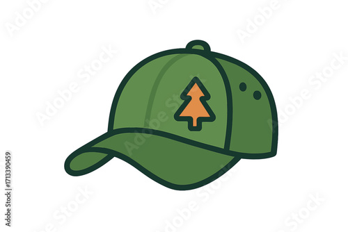 Green baseball cap icon with a pine tree symbol. Concept for outdoor, adventure, camping, hiking, travel. Forest ranger park explorer headwear. Nature accessory vector.