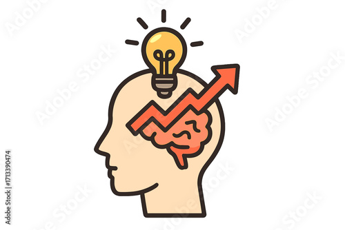 Creative idea and thinking growth concept. Head with light bulb and brain icon. Symbol of innovation, knowledge, success, business strategy, and mindset development.