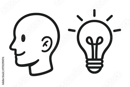 Head and light bulb icon for creative idea concept. Symbol of innovation, solution, thinking, brainstorming, inspiration, knowledge, learning. Simple vector line art illustration.