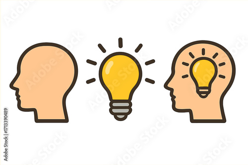Creative idea in head icon. Light bulb metaphor for inspiration, innovation, solution. Thinking process, brainstorming concept. Mind, knowledge, learning, intelligence vector.