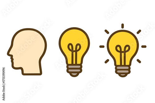 Creative idea icon set. Head silhouette and light bulb symbol. Concept of innovation, brainstorming, inspiration, knowledge, insight, thinking and finding a solution vector.
