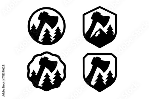 Axe and forest logo set. Lumberjack adventure badge collection. Outdoor camping, hiking and survival emblems. Wilderness exploration silhouette icons with mountain and trees.