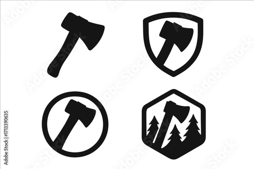 Axe icon set for lumberjack and outdoor adventure. Vector logo collection with hatchet emblem, shield badge, and forest silhouette. Woodcutter tool for carpentry or camping.