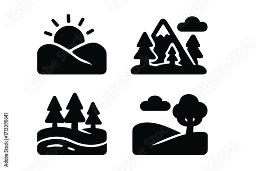 Landscape icon set. Nature silhouette collection. Vector illustration of mountain, forest, sun, tree symbols. Minimal flat design glyphs for travel, park, or eco branding.