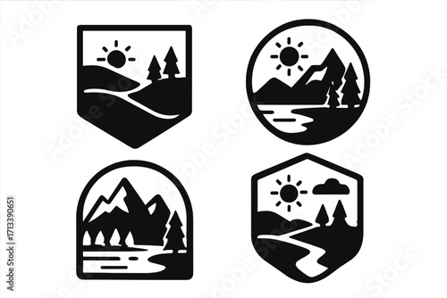 Vector set of four outdoor adventure and travel badge icons. Black silhouette style with mountains, sun, river and forest trees. Nature logo, emblem or patch design collection.