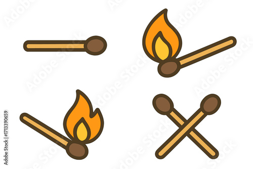 Matchstick icon set vector illustration. Burning match with fire, unlit and crossed matches. Simple flat cartoon style. Concept of ignition, flame, danger, warning, campfire.
