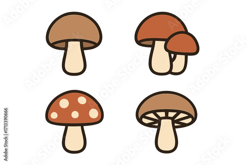 Mushroom icon set vector. Fungi collection in flat cartoon style. Forest mushrooms, champignon, boletus, amanita toadstool. Edible and poisonous fungus for logo design.