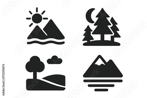 Landscape icon set. Nature logo symbol collection. Mountain, sun, sea, night forest, moon, hill, tree silhouettes. Vector graphic element for travel or eco brand design.