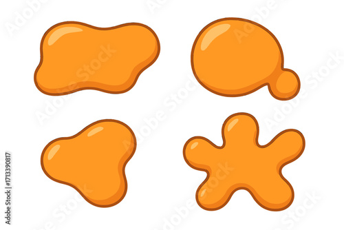 Set of liquid shapes. Cartoon vector collection of golden honey, caramel, or syrup drops. Abstract glossy orange puddles and fluid splashes. Melted shiny blobs isolated.