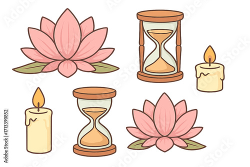 Mindfulness and meditation vector icon set. Lotus flower, hourglass, and candle illustrations for relaxation, spa, and self-care. Calm zen symbols for wellness and balance.