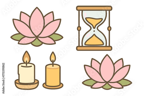 Vector set for meditation and relaxation. Lotus flower, hourglass, candle icons. Zen, spa, wellness concept. Mindfulness, calm, spiritual balance symbols. Cartoon illustration.