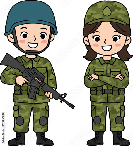 Cartoon military soldiers, male and female in camouflage uniforms, holding rifle, standing confidently, army characters, vector illustration