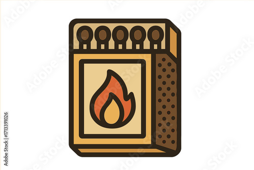 Matchbox with matches icon. Flat style cartoon vector illustration. Outdoor equipment symbol for camping, hiking, survival. Concept of fire, flame, ignition, flammable danger.