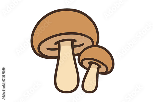 Two brown mushrooms vector icon in flat cartoon style. Fungi, plant and vegetable symbol for cooking. Organic food ingredient from the forest. Natural simple illustration.