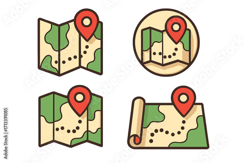 Map icon set with location pin. GPS navigation and route concept. Folded and rolled maps for travel and destination finding. Vector cartoon illustration for journey and guidance.