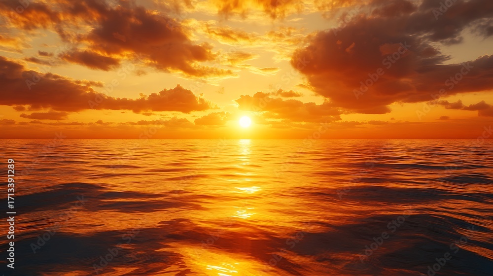 Obraz premium Sea Waves Reflecting Golden Sunlight With Orange Clouds Over Horizon At Sunset