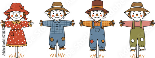 Cartoon scarecrow characters in colorful outfits, autumn harvest decoration, farm field guardians, fall season illustration, whimsical rural countryside artwork design