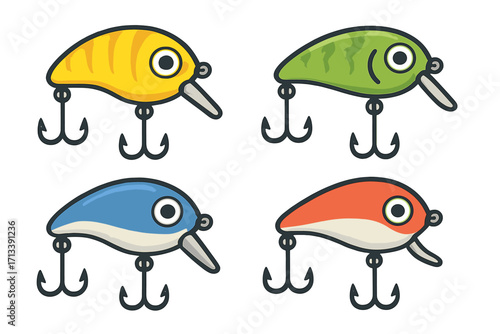 Fishing lures set. Colorful wobbler and crankbait collection. Fish bait with treble hooks icon. Cartoon vector illustration for fishing gear, tackle, and equipment concept.