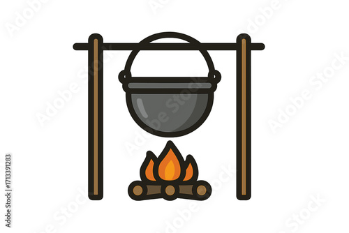 Cauldron on campfire icon. Cooking pot over open fire. Vector illustration for camping, hiking, tourism. Outdoor food preparation. Adventure, survival, picnic, bonfire symbol.