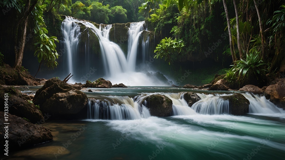 Obraz premium Cataratas del Limon (Dominican Republic) - World Waterfalls showcases the tropical paradise of Samaná, where crystal waters plunge into emerald pools surrounded by lush Caribbean jungle