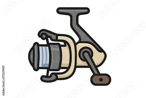 Spinning reel vector icon. Fishing equipment, gear and tackle for angler. Sport fishing, angling hobby symbol. Fisherman outdoor leisure activity cartoon illustration. Isolated.