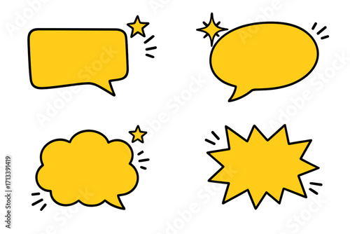 Set of yellow speech bubble templates. Vector cartoon illustration for promotion banners, comics, or dialogue. Empty thought bubbles, comic pop art elements, message boxes.