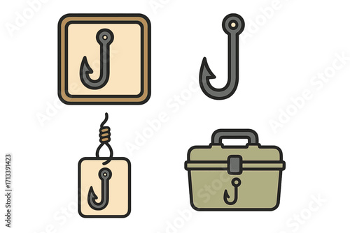 Fishing equipment icon set. Vector cartoon illustration of fish hook, tackle box, and lure symbol. Hobby or sport fishing concept elements for design. Angling gear collection.
