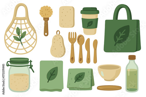 Sustainable kitchen essentials collection. Eco-friendly, reusable items for green living. Zero waste lifestyle concept. Vector illustration of plastic-free products for kitchen.