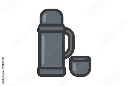Thermos bottle icon with a cup for hot drinks. Flat style vector cartoon illustration. Concept for travel, camping, hiking, and outdoor activity. Insulated vacuum flask design.